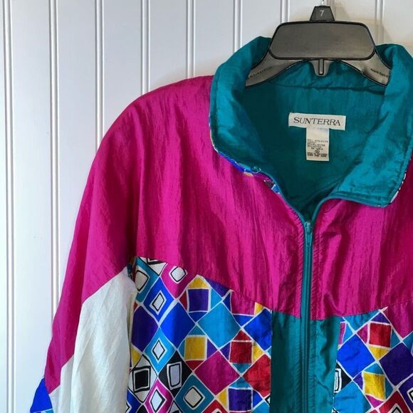 VTG 90s Windbreaker Jacket Geometric Colorblock Womens XLarge Full Zip Sunterra - Picture 2 of 11